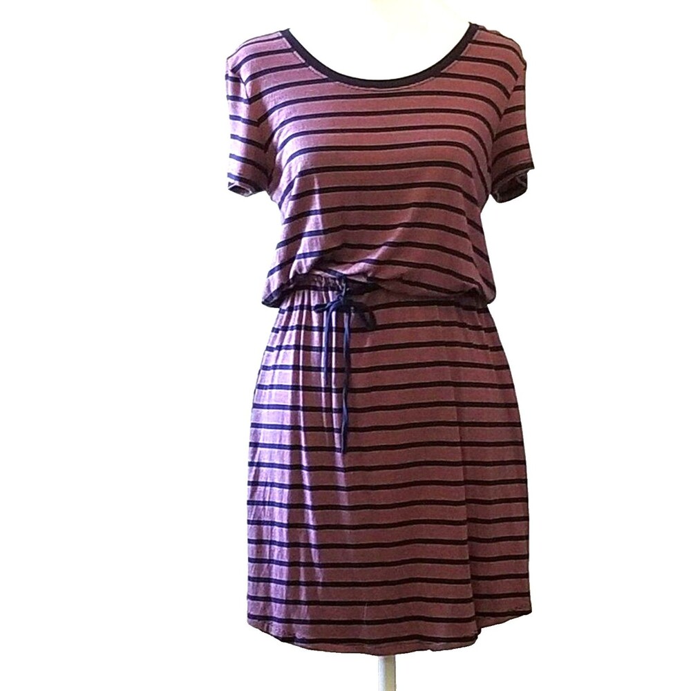 Olive & Oak Striped Drawstring Waist T-Shirt Dress Size M Burgundy Navy Short Sl